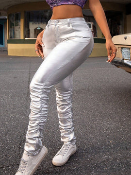 ICON Pantalones ajustados ICON Women Stacked con pequenas campanas en el bajo, arrugas, estilo callejero, sexys, de cintura baja, en plateado