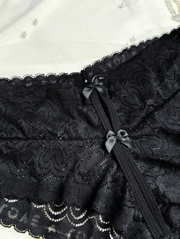 Ropa interior sexy solida con decoracion de lazo de encaje