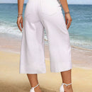 VCAY Culottes blancos de mezclilla de cintura alta para mujer con cinturon anudado y bolsillos para uso casual (longitud 7/8)