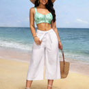 VCAY Culottes blancos de mezclilla de cintura alta para mujer con cinturon anudado y bolsillos para uso casual (longitud 7/8)