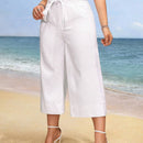 VCAY Culottes blancos de mezclilla de cintura alta para mujer con cinturon anudado y bolsillos para uso casual (longitud 7/8)