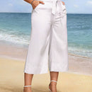 VCAY Culottes blancos de mezclilla de cintura alta para mujer con cinturon anudado y bolsillos para uso casual (longitud 7/8)