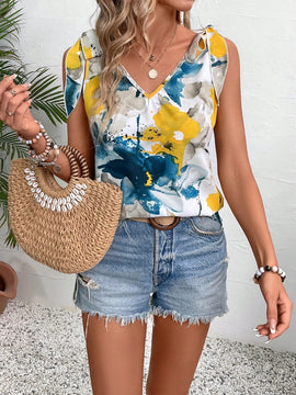 VCAY Blusa sin mangas de cuello en V para mujer con estampado floral al azar