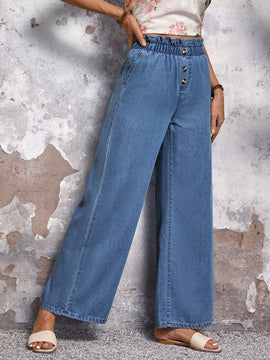 LUNE Jeans simples de pierna ancha con diseno diario de unicolor y ribete de volantes