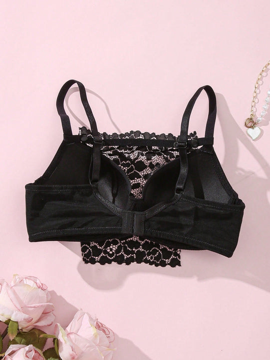Bra basico de encaje negro comodo y casual con aro y sujetador en V regalado con diseno anti-filtracion y cobertura del busto (1 pieza)