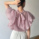 FRIFUL Camisa de mujer de unicolor con cuello alto y lazo romantico en la espalda