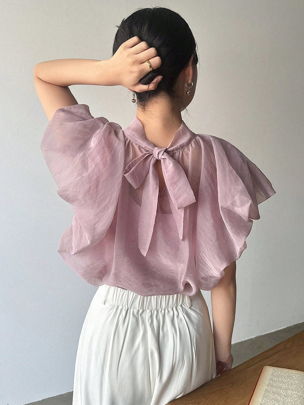 FRIFUL Camisa de mujer de unicolor con cuello alto y lazo romantico en la espalda