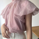FRIFUL Camisa de mujer de unicolor con cuello alto y lazo romantico en la espalda