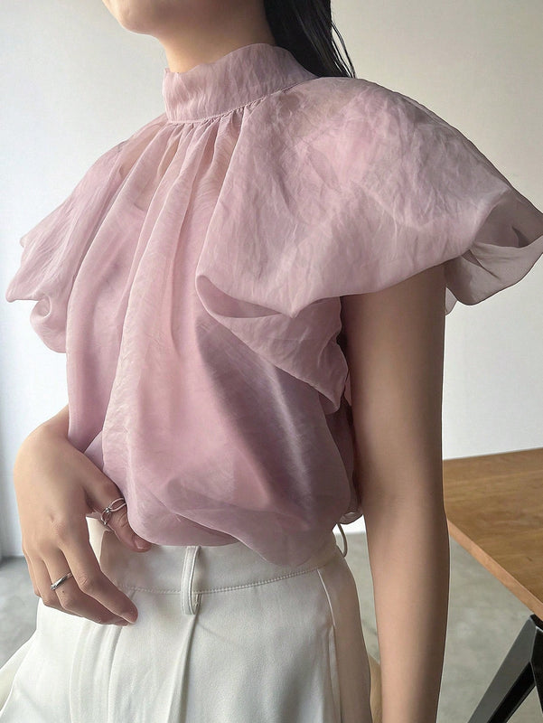 FRIFUL Camisa de mujer de unicolor con cuello alto y lazo romantico en la espalda