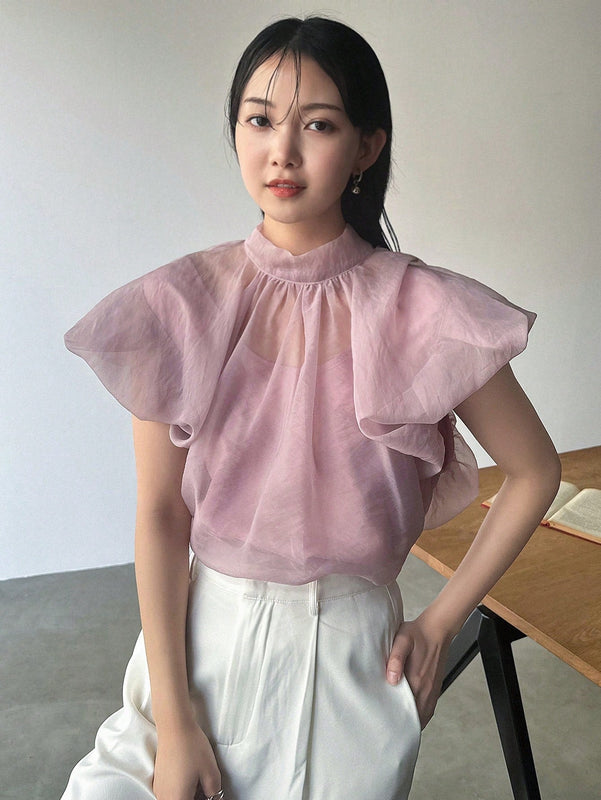 FRIFUL Camisa de mujer de unicolor con cuello alto y lazo romantico en la espalda