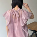 FRIFUL Camisa de mujer de unicolor con cuello alto y lazo romantico en la espalda