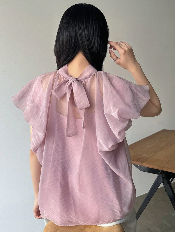 FRIFUL Camisa de mujer de unicolor con cuello alto y lazo romantico en la espalda