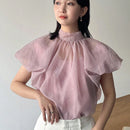 FRIFUL Camisa de mujer de unicolor con cuello alto y lazo romantico en la espalda
