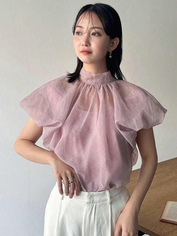 FRIFUL Camisa de mujer de unicolor con cuello alto y lazo romantico en la espalda