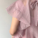 FRIFUL Camisa de mujer de unicolor con cuello alto y lazo romantico en la espalda