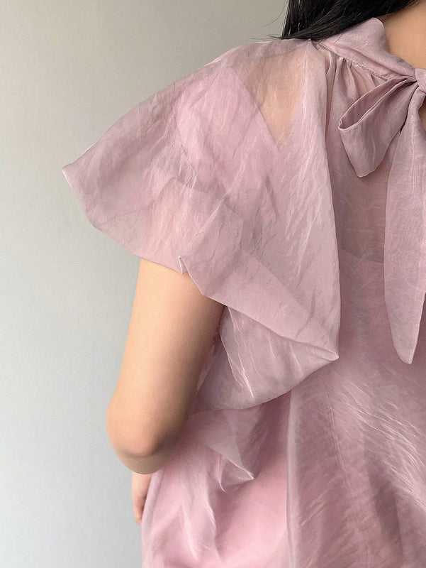 FRIFUL Camisa de mujer de unicolor con cuello alto y lazo romantico en la espalda
