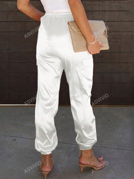 Pantalones de cargo con bolsillo con solapa, cordon ajustable y cintura elastica de saten para mujeres