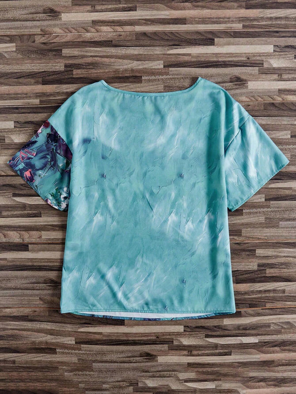 Mujeres con cuello redondo impreso, Camiseta casual de manga corta para vacaciones de primavera / verano