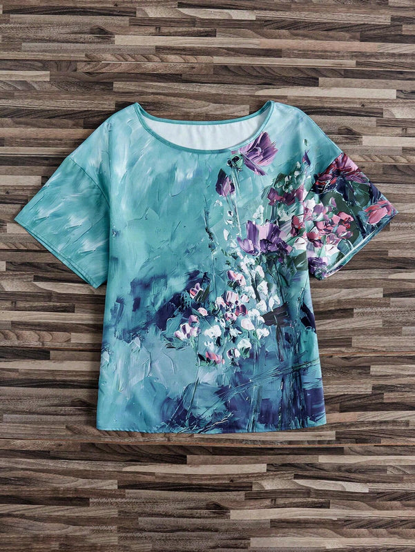 Mujeres con cuello redondo impreso, Camiseta casual de manga corta para vacaciones de primavera / verano