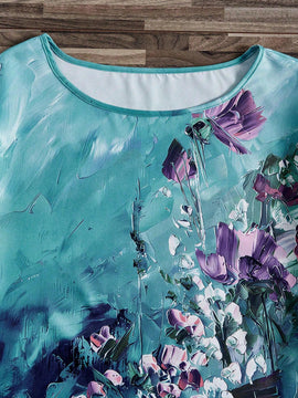Mujeres con cuello redondo impreso, Camiseta casual de manga corta para vacaciones de primavera / verano