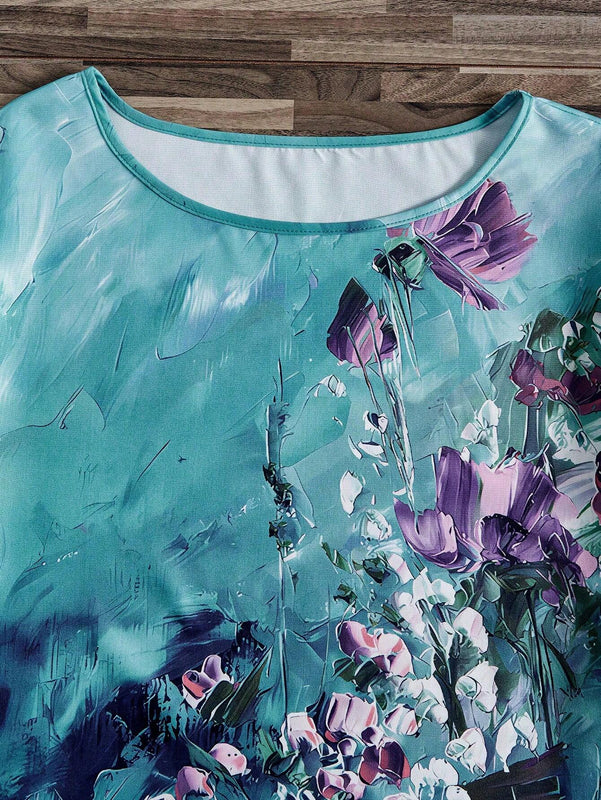 Mujeres con cuello redondo impreso, Camiseta casual de manga corta para vacaciones de primavera / verano