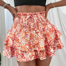 WYWH Mujeres vacaciones cintura alta envoltura corbata floral doble-capa dobladillo con volantes de falda corta