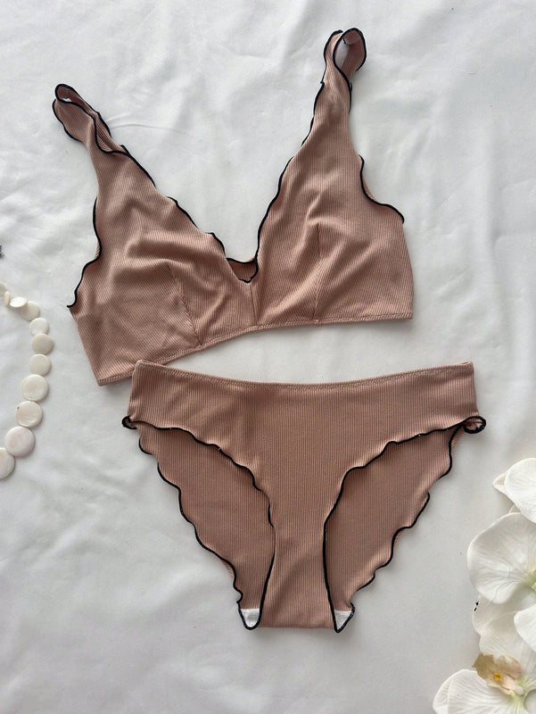 Conjunto de sujetador y braga para mujer, comodo y transpirable con dobladillo con volantes, 2 piezas