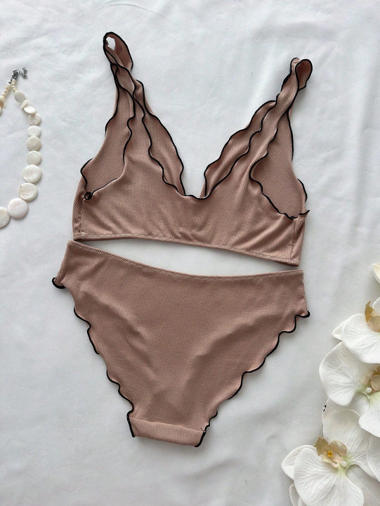 Conjunto de sujetador y braga para mujer, comodo y transpirable con dobladillo con volantes, 2 piezas