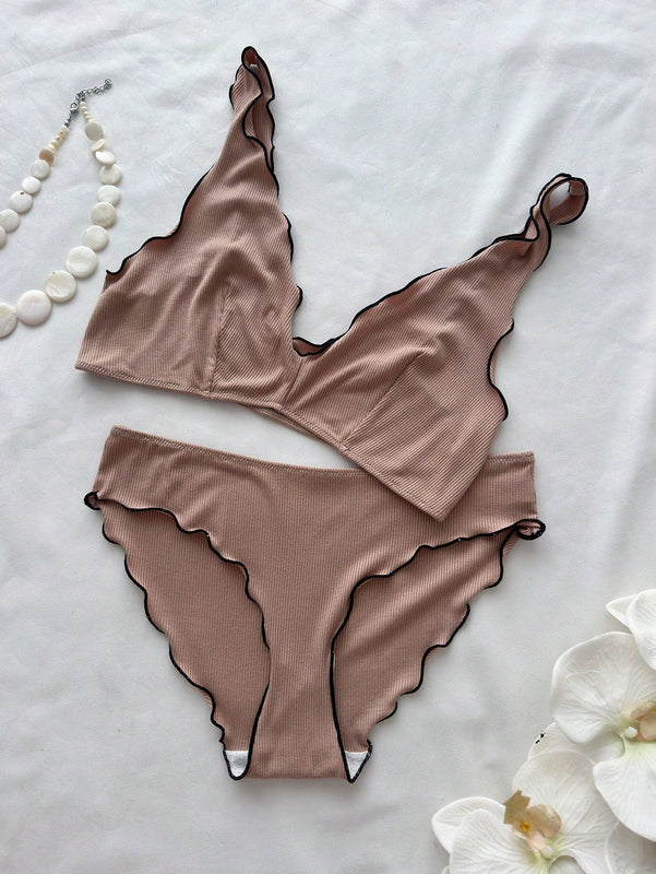 Conjunto de sujetador y braga para mujer, comodo y transpirable con dobladillo con volantes, 2 piezas