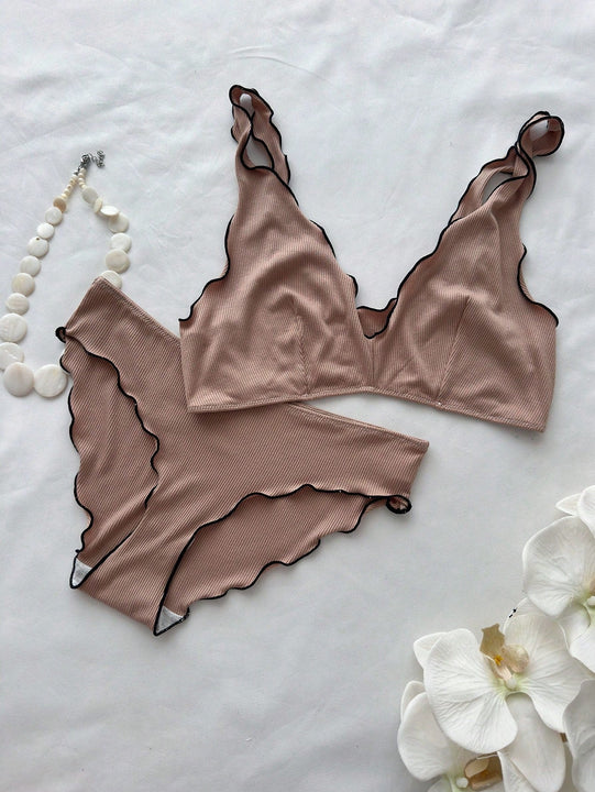 Conjunto de sujetador y braga para mujer, comodo y transpirable con dobladillo con volantes, 2 piezas