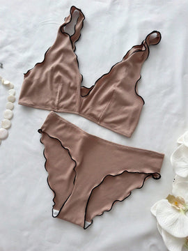 Conjunto de sujetador y braga para mujer, comodo y transpirable con dobladillo con volantes, 2 piezas
