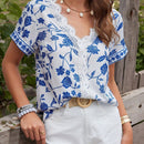 LUNE Blusa floja para mujer con parche y encaje, estampado floral con mangas cortas para vacaciones de verano