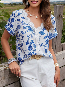 LUNE Blusa floja para mujer con parche y encaje, estampado floral con mangas cortas para vacaciones de verano