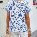 LUNE Blusa floja para mujer con parche y encaje, estampado floral con mangas cortas para vacaciones de verano