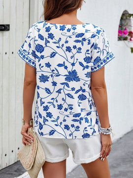 LUNE Blusa floja para mujer con parche y encaje, estampado floral con mangas cortas para vacaciones de verano