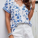 LUNE Blusa floja para mujer con parche y encaje, estampado floral con mangas cortas para vacaciones de verano