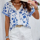 LUNE Blusa floja para mujer con parche y encaje, estampado floral con mangas cortas para vacaciones de verano