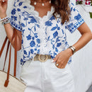 LUNE Blusa floja para mujer con parche y encaje, estampado floral con mangas cortas para vacaciones de verano