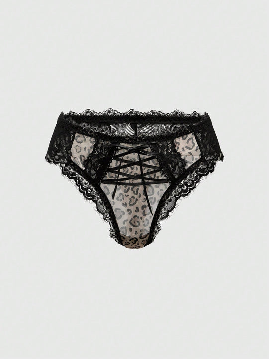 ROMWE Goth Tanga atada con encaje estilo Shibuya punk oscuro con estampado de leopardo para mujeres