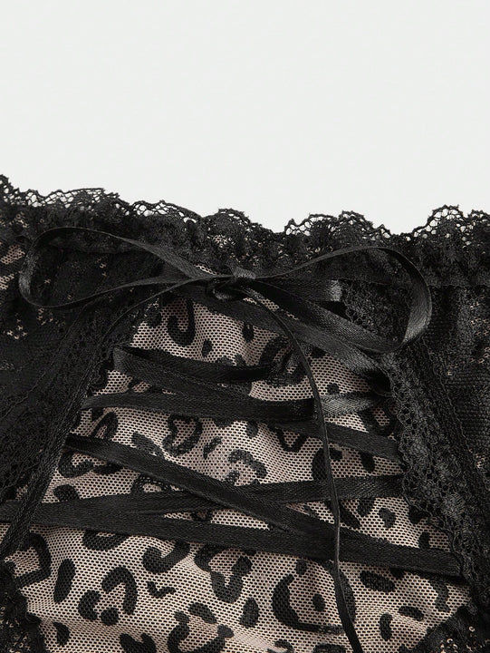 ROMWE Goth Tanga atada con encaje estilo Shibuya punk oscuro con estampado de leopardo para mujeres