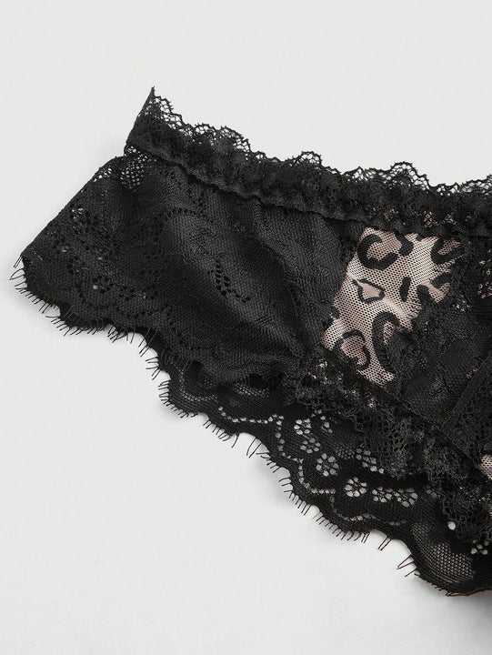 ROMWE Goth Tanga atada con encaje estilo Shibuya punk oscuro con estampado de leopardo para mujeres