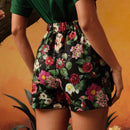 Frida Kahlo X  Corto estampado con figura y flores, de ocio y verano, con cinturon