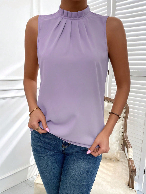 Prive Camisa de verano casual de unicolor con cuello alto, plisada y sin mangas