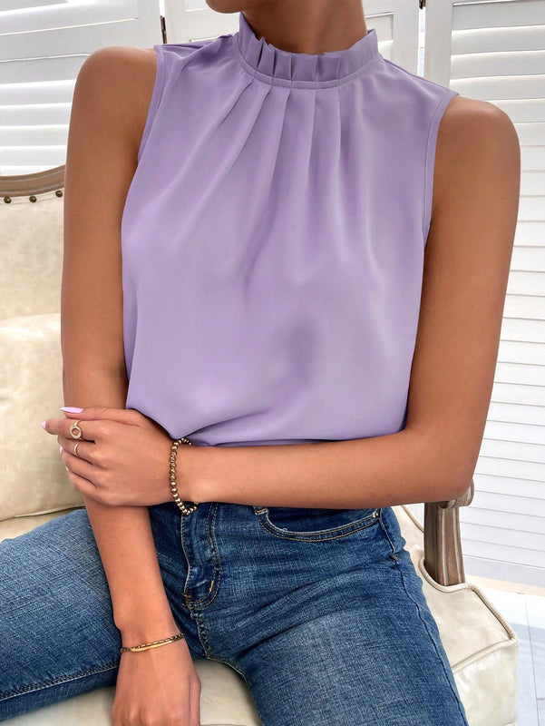 Prive Camisa de verano casual de unicolor con cuello alto, plisada y sin mangas