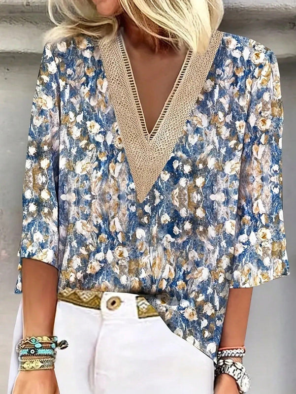 Clasi Blusa casual de verano para mujer con estampado floral y escote en V