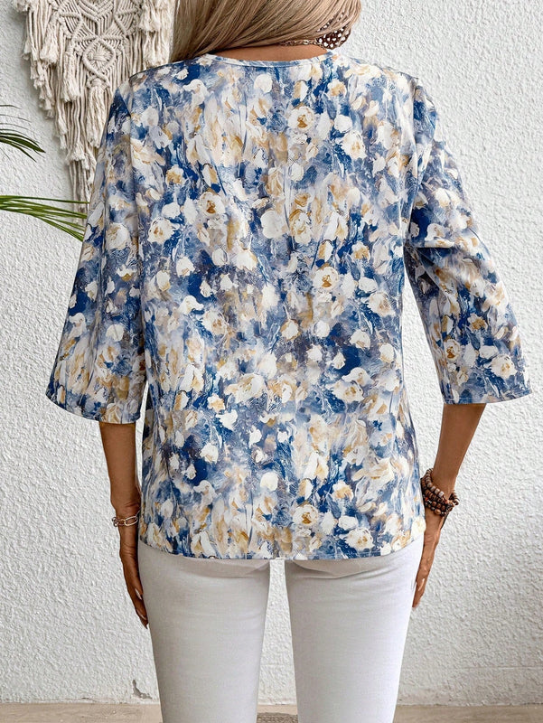 Clasi Blusa casual de verano para mujer con estampado floral y escote en V
