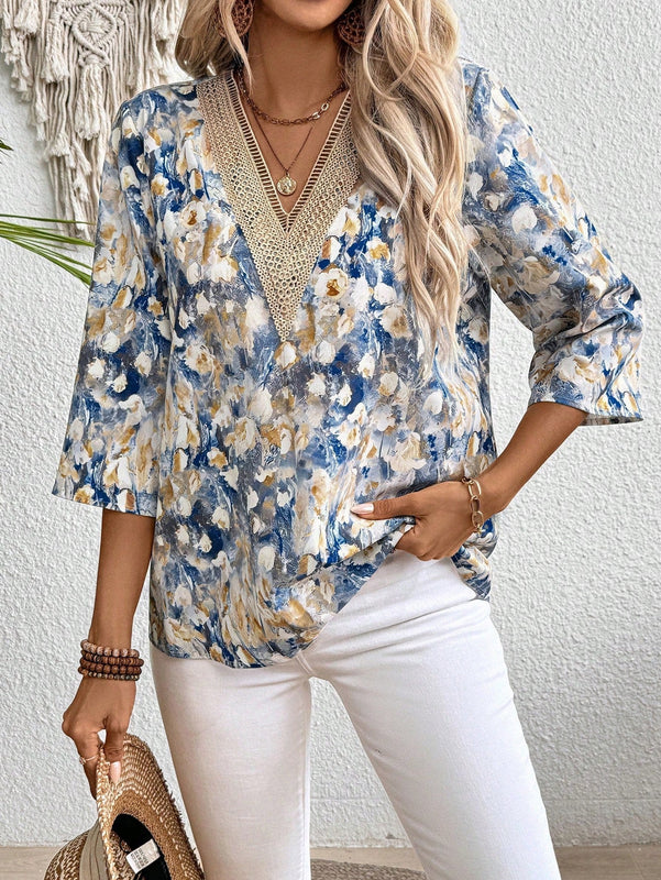 Clasi Blusa casual de verano para mujer con estampado floral y escote en V