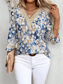 Clasi Blusa casual de verano para mujer con estampado floral y escote en V