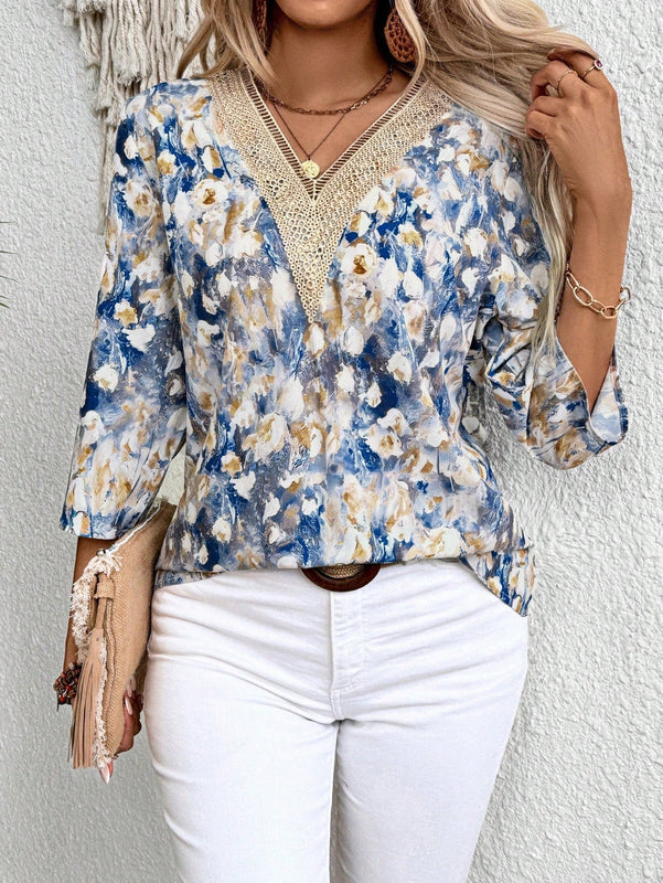 Clasi Blusa casual de verano para mujer con estampado floral y escote en V