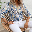 Clasi Blusa casual de verano para mujer con estampado floral y escote en V